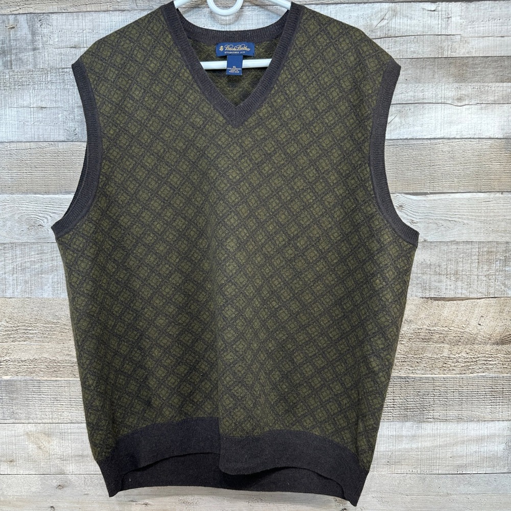 Brooks Brothers Men XL Lambswool Sweater Vest Olive Green Brown Diamond Jacquard